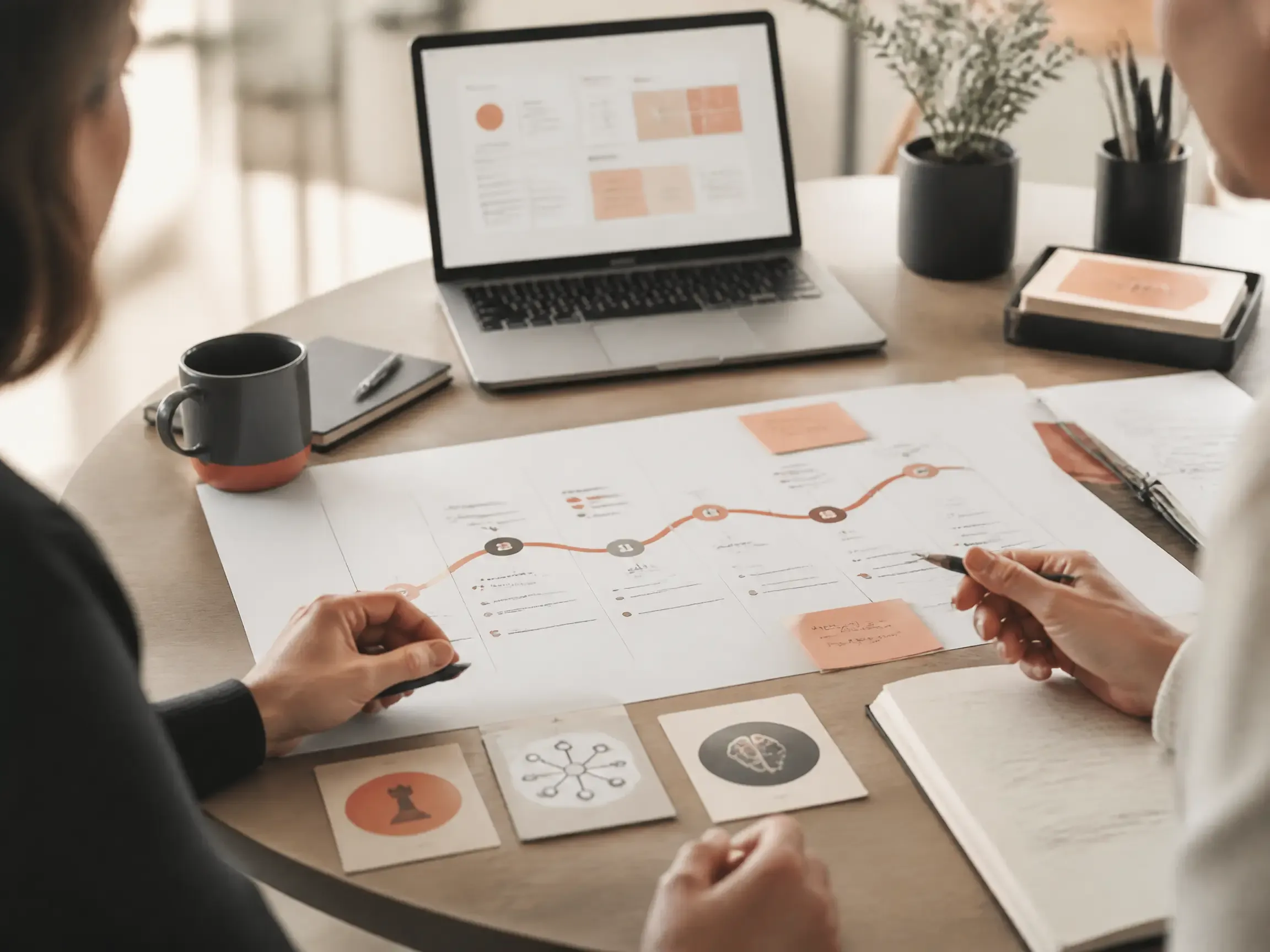Une feuille de route digitale et des supports de travail organisés sur une table